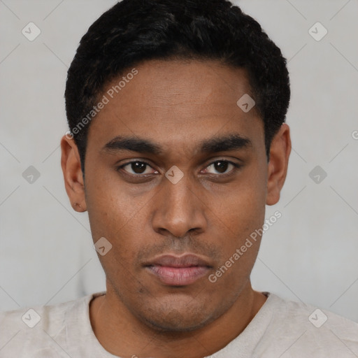Neutral latino young-adult male with short  black hair and brown eyes