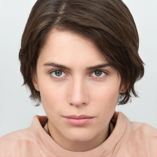 Neutral white young-adult female with medium  brown hair and brown eyes