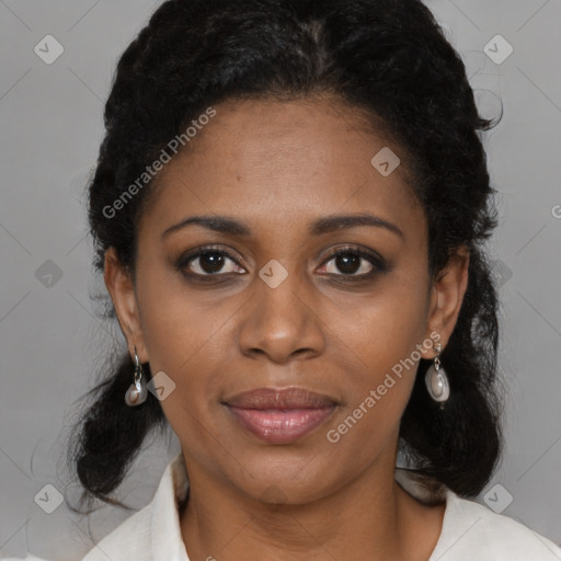 Joyful black young-adult female with medium  black hair and brown eyes