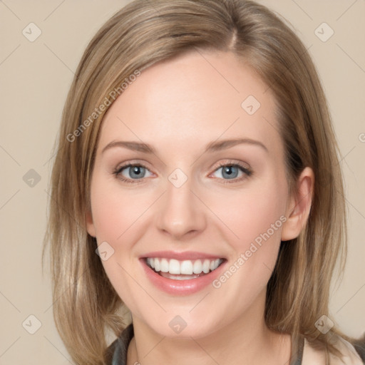 Joyful white young-adult female with medium  brown hair and blue eyes