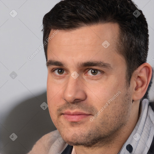 Neutral white young-adult male with short  brown hair and brown eyes