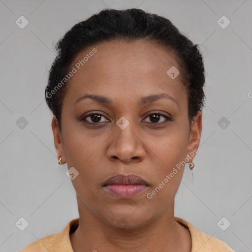 Neutral latino young-adult female with short  brown hair and brown eyes
