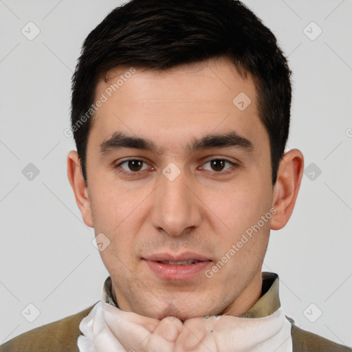 Neutral white young-adult male with short  brown hair and brown eyes