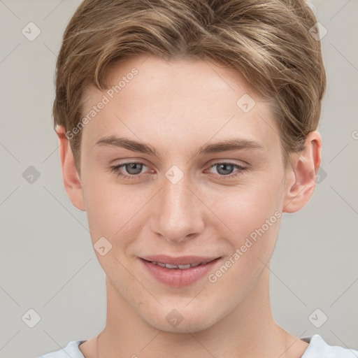 Joyful white young-adult female with short  brown hair and grey eyes