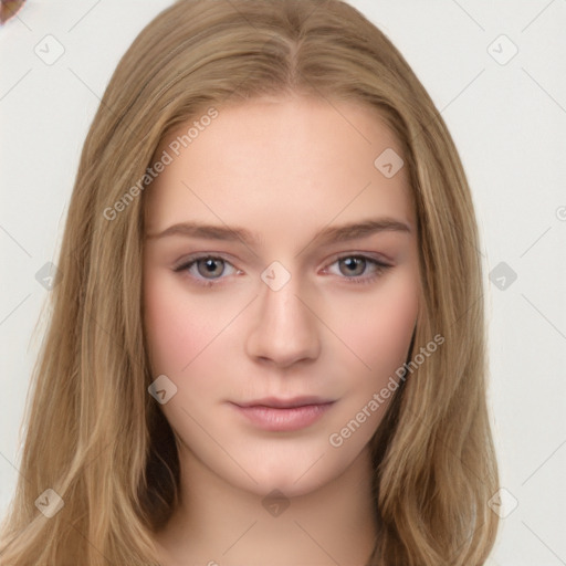 Neutral white young-adult female with long  brown hair and brown eyes