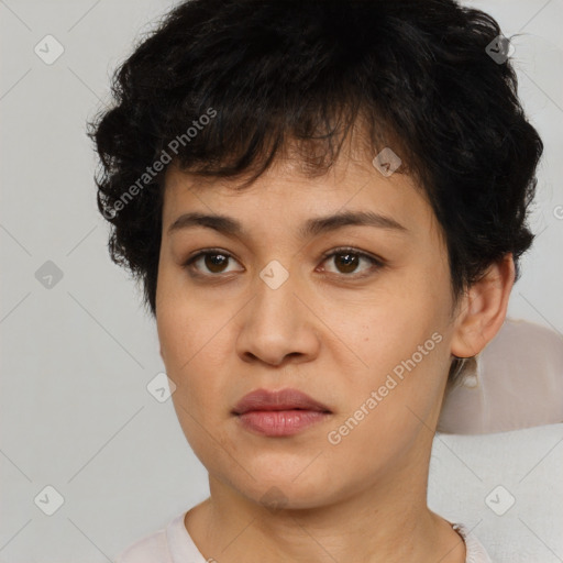 Neutral asian young-adult female with short  brown hair and brown eyes