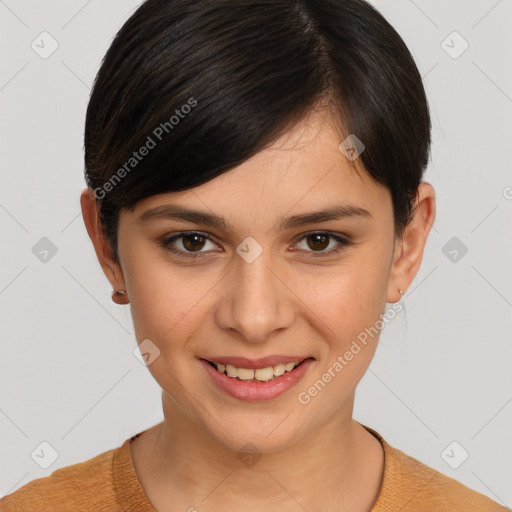 Joyful white young-adult female with short  brown hair and brown eyes