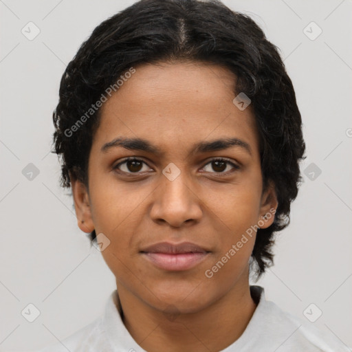 Joyful latino young-adult female with short  brown hair and brown eyes