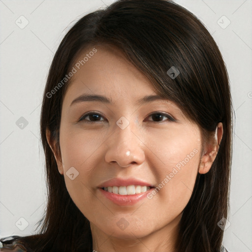 Joyful white young-adult female with long  brown hair and brown eyes