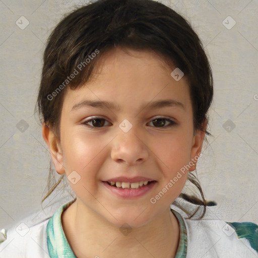 Joyful white child female with short  brown hair and brown eyes