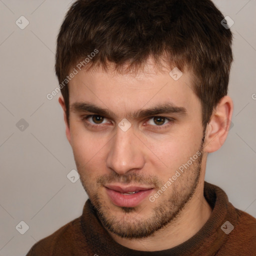 Neutral white young-adult male with short  brown hair and brown eyes