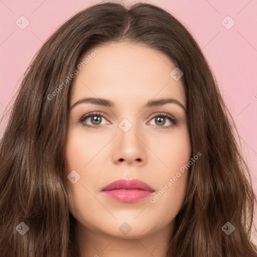 Neutral white young-adult female with long  brown hair and brown eyes