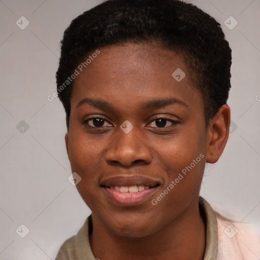 Joyful black young-adult female with short  brown hair and brown eyes