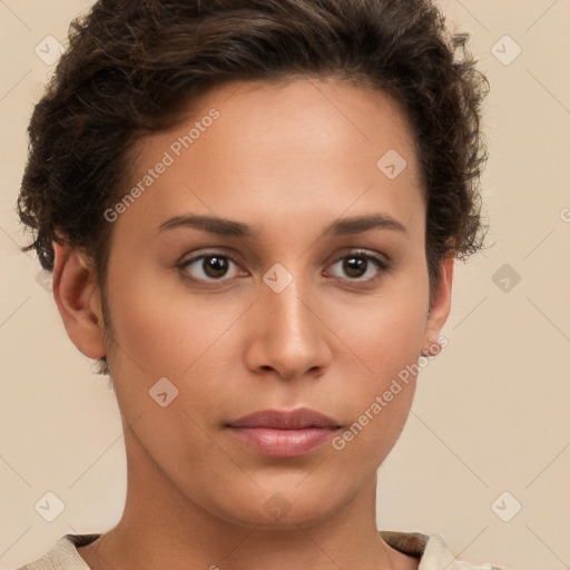 Neutral white young-adult female with short  brown hair and brown eyes