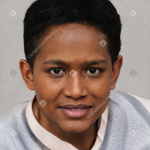 Joyful black young-adult male with short  brown hair and brown eyes