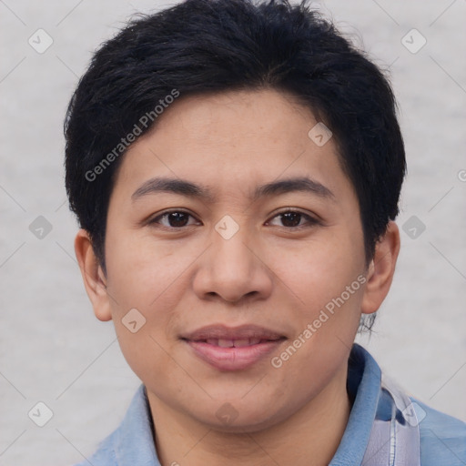 Joyful asian young-adult female with short  brown hair and brown eyes