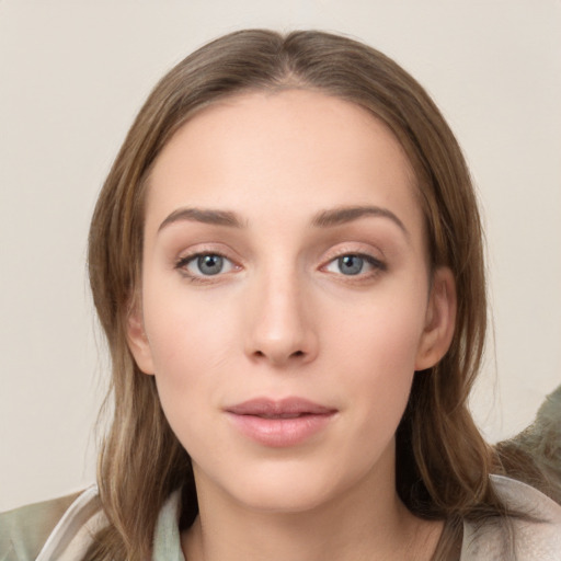 Neutral white young-adult female with medium  brown hair and grey eyes