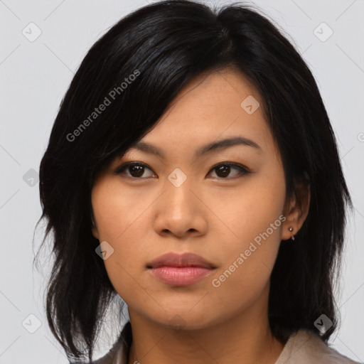 Neutral asian young-adult female with medium  black hair and brown eyes