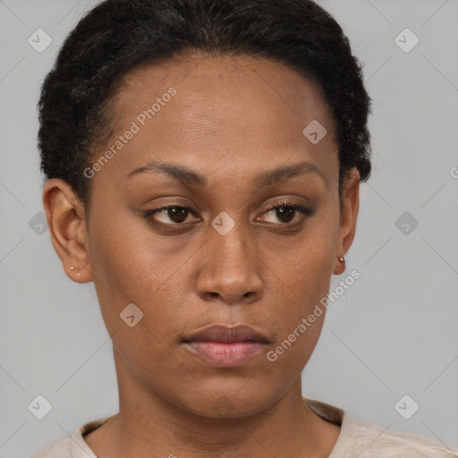 Neutral black young-adult female with short  brown hair and brown eyes