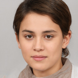 Neutral white young-adult female with short  brown hair and brown eyes