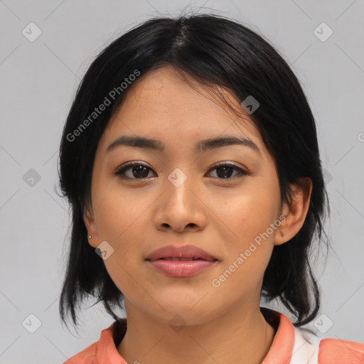 Neutral asian young-adult female with medium  black hair and brown eyes