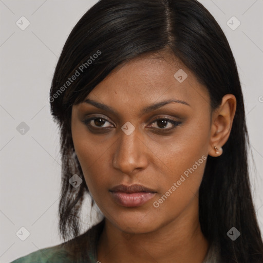 Neutral black young-adult female with long  brown hair and brown eyes