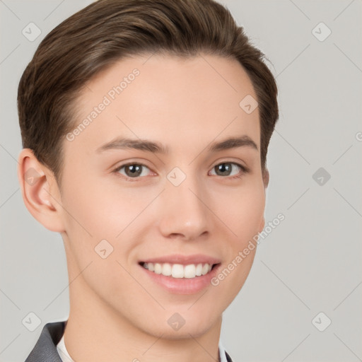 Joyful white young-adult female with short  brown hair and brown eyes