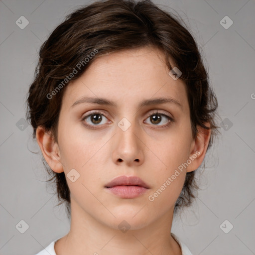 Neutral white young-adult female with medium  brown hair and brown eyes