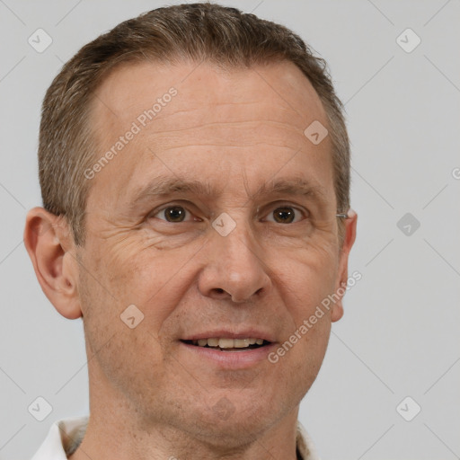 Joyful white middle-aged male with short  brown hair and brown eyes