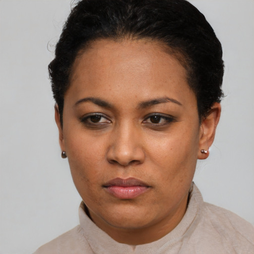 Neutral black young-adult female with short  black hair and brown eyes