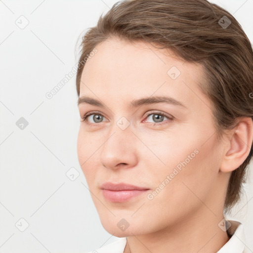 Neutral white young-adult female with short  brown hair and brown eyes