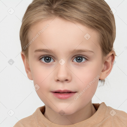 Neutral white child female with short  brown hair and grey eyes