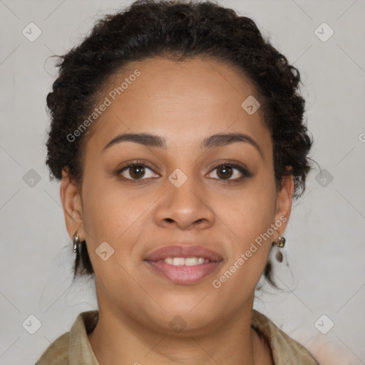 Joyful latino young-adult female with short  brown hair and brown eyes