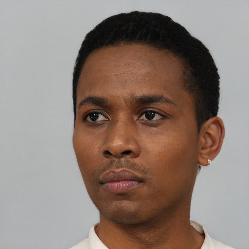Neutral black young-adult male with short  black hair and brown eyes