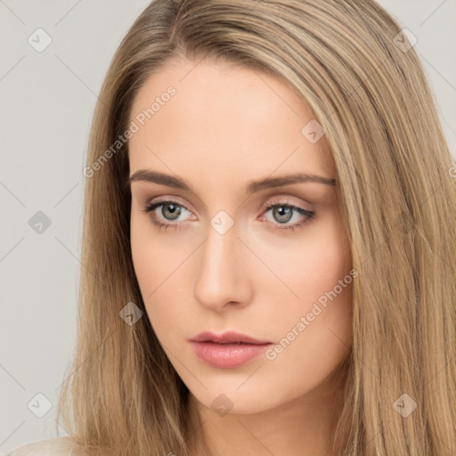 Neutral white young-adult female with long  brown hair and brown eyes