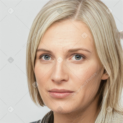 Neutral white young-adult female with long  brown hair and blue eyes