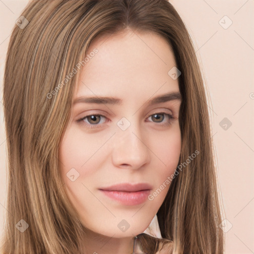 Neutral white young-adult female with long  brown hair and brown eyes