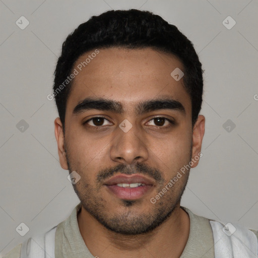 Neutral latino young-adult male with short  black hair and brown eyes