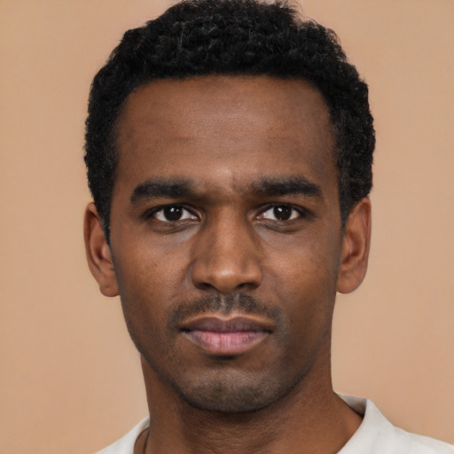 Neutral black young-adult male with short  black hair and brown eyes