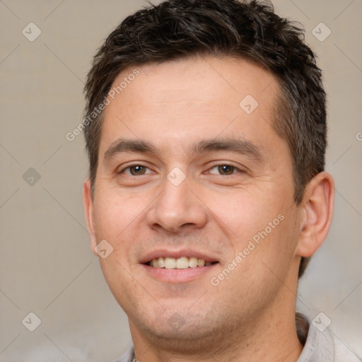 Joyful white young-adult male with short  brown hair and brown eyes