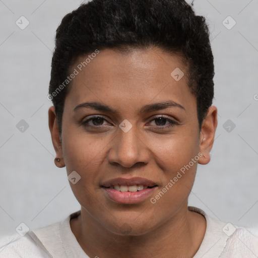 Joyful white young-adult female with short  brown hair and brown eyes