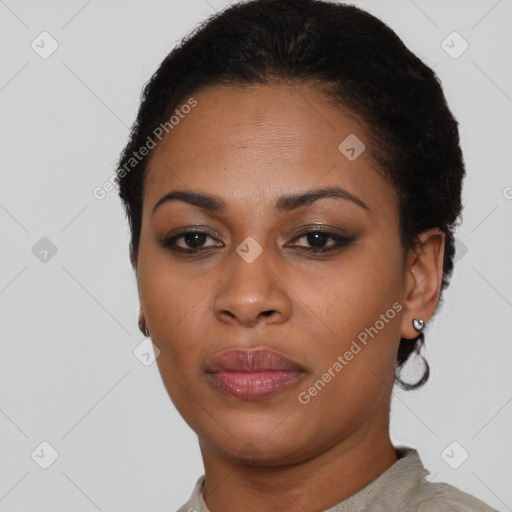 Neutral latino young-adult female with short  black hair and brown eyes