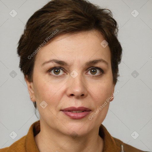 Joyful white adult female with medium  brown hair and grey eyes