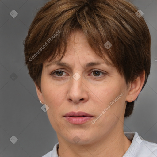 Joyful white adult female with short  brown hair and brown eyes