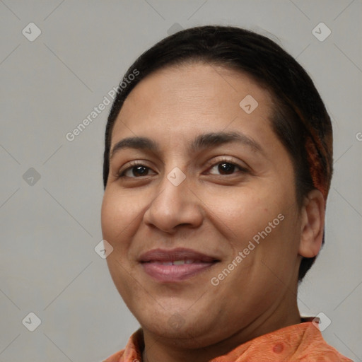 Joyful white adult female with short  brown hair and brown eyes