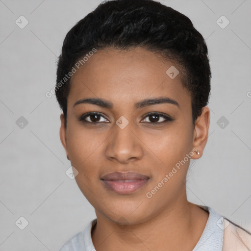 Joyful latino young-adult female with short  black hair and brown eyes