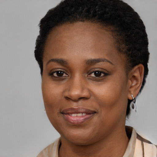 Joyful black young-adult female with short  brown hair and brown eyes