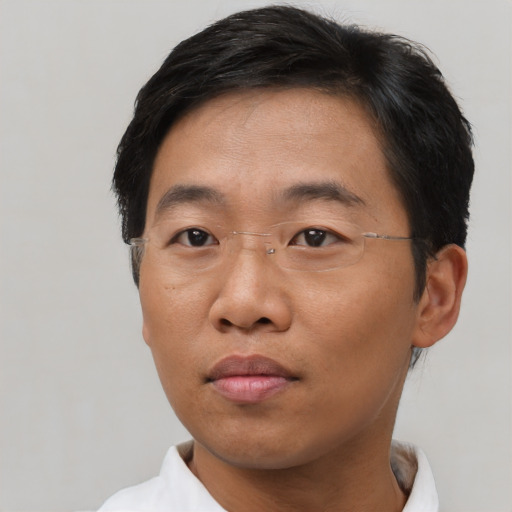 Neutral asian adult male with short  brown hair and brown eyes