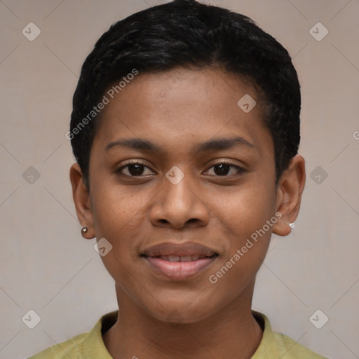 Joyful latino young-adult female with short  black hair and brown eyes