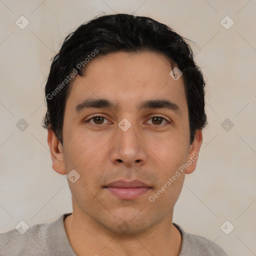 Neutral asian young-adult male with short  black hair and brown eyes